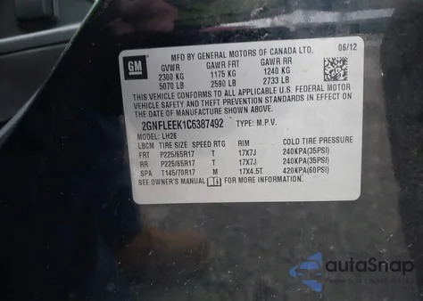 2012 Chevrolet Equinox 1Lt z USA, uszkodzony, nr VIN 2GNFLEEK1C6387492